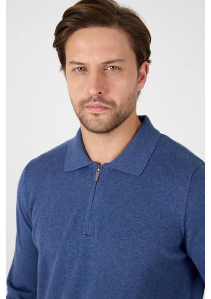 Açık Mavi Saf %100 Pamuk Erkek Yarım Fermuarlı Polo Yaka Triko Kazak