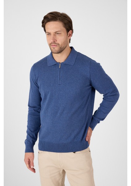 Açık Mavi Saf %100 Pamuk Erkek Yarım Fermuarlı Polo Yaka Triko Kazak