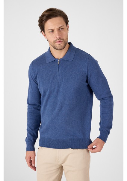 Açık Mavi Saf %100 Pamuk Erkek Yarım Fermuarlı Polo Yaka Triko Kazak