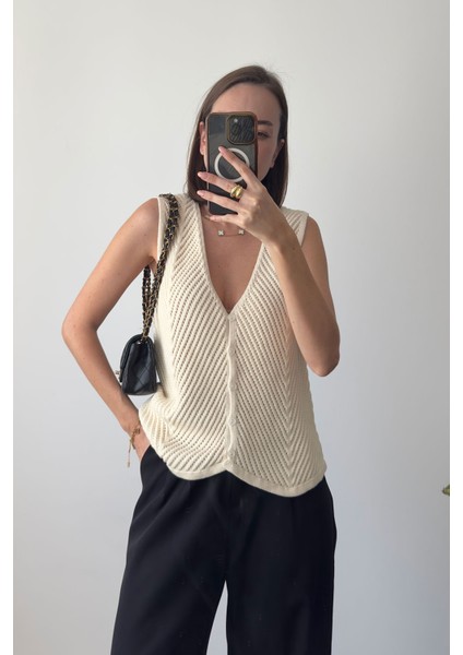 Ajurlu Premium Triko Yelek- Taş