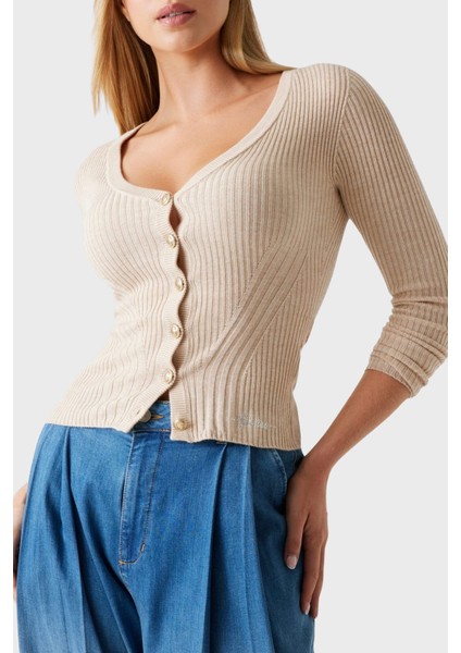 Vn Julia Yün Karışımlı Slim Fit V Yaka Fitilli Hırka W5BR16Z3OW2 Bayan Hırka W5BR16 Z3OW2 H142