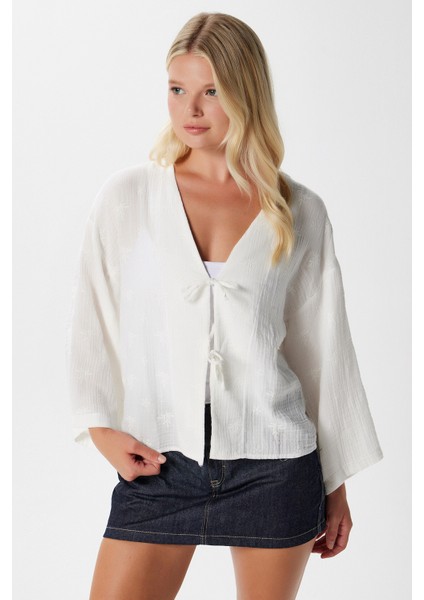 Kadin Flora Müslin Kabartma Dokulu Ekru Kimono modelleri