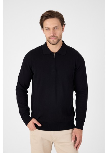 Siyah Saf %100 Pamuk Erkek Yarım Fermuarlı Polo Yaka Triko Kazak