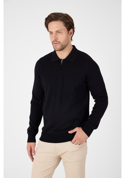 Siyah Saf %100 Pamuk Erkek Yarım Fermuarlı Polo Yaka Triko Kazak fırsatları