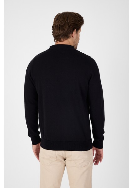 Siyah Saf %100 Pamuk Erkek Yarım Fermuarlı Polo Yaka Triko Kazak indirimleri