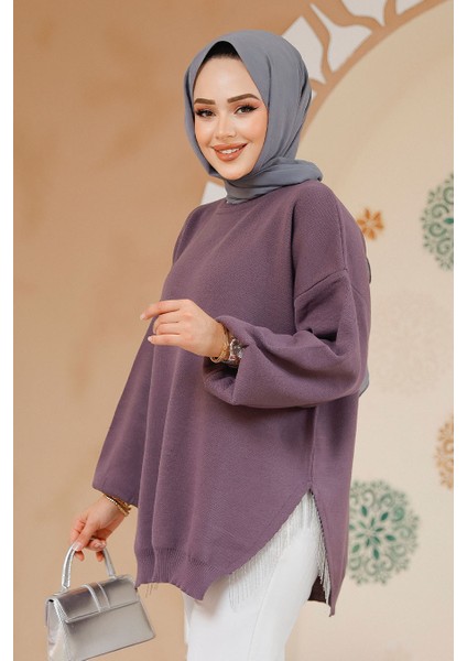 Zincir Detaylı Koyu Lila Tesettür Kazak Tunik 17202KLILA