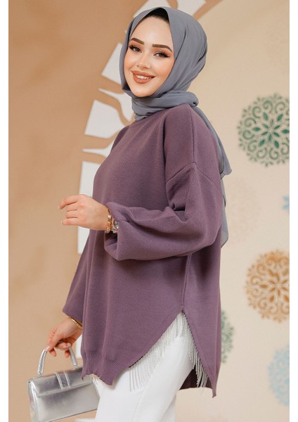 Zincir Detaylı Koyu Lila Tesettür Kazak Tunik 17202KLILA fiyatları