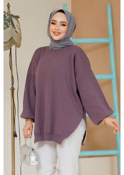 Zincir Detaylı Koyu Lila Tesettür Kazak Tunik 17202KLILA modelleri