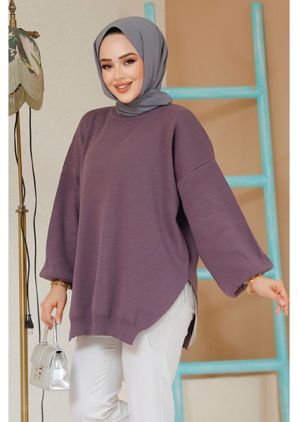 Zincir Detaylı Koyu Lila Tesettür Kazak Tunik 17202KLILA fırsatları