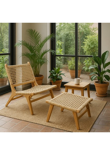 Teak Ağacı Rattan Örgü Koltuk ve Puf Takımı – Doğal El Işçiliği, Dayanıklı Tasarım