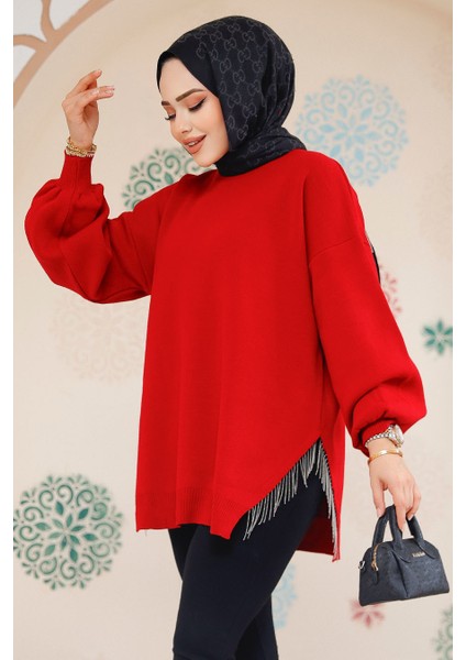 Zincir Detaylı Kırmızı Tesettür Kazak Tunik 17202K