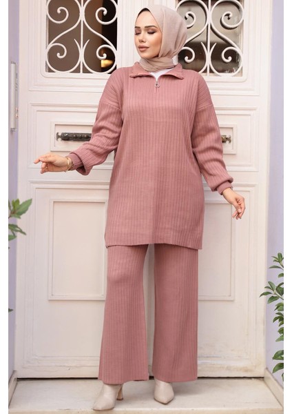 Fitilli Gül Kurusu Tesettür Triko Ikili Takım 60381GK modelleri