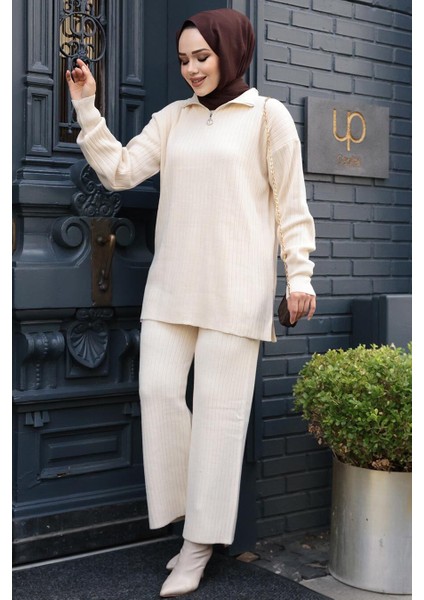Fitilli Krem Tesettür Triko Ikili Takım 60381KR