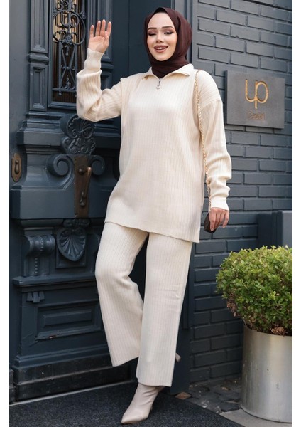 Fitilli Krem Tesettür Triko Ikili Takım 60381KR modelleri