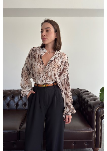 Gipeli Leopar Desen Şifon Gömlek- Camel fırsatları
