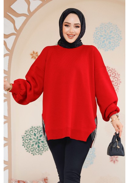 Zincir Detaylı Kırmızı Tesettür Kazak Tunik 17202K fiyatları