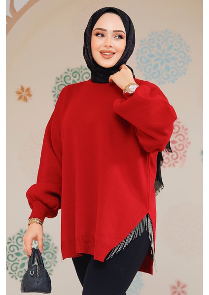 Zincir Detaylı Kırmızı Tesettür Kazak Tunik 17202K modelleri