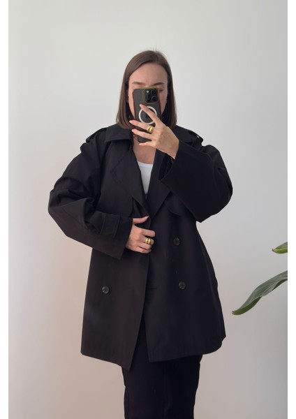 Premium Kısa Trençkot- Siyah fırsatları