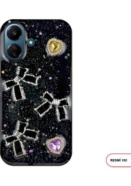 Redmi 13C Uyumlu Kelebekli Taşlı Simli Kalpli Wish Silikon Telefon Kılıfı