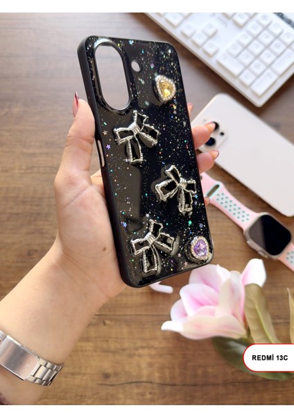 Redmi 13C Uyumlu Kelebekli Taşlı Simli Kalpli Wish Silikon Telefon Kılıfı fiyatları