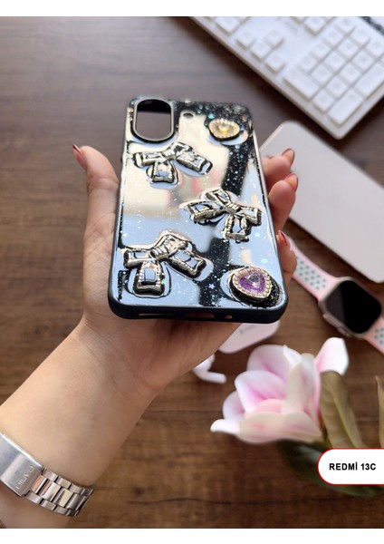 Redmi 13C Uyumlu Kelebekli Taşlı Simli Kalpli Wish Silikon Telefon Kılıfı modelleri