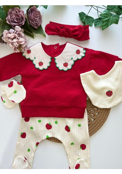 Çilek Nakışlı Yaka Detaylı 0-3 Ay Uyumlu Kız Bebek 5'li Set Hastane Çıkışı