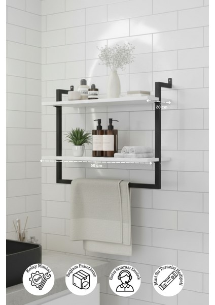 2 Raflı Beyaz Banyo Rafı | Beyaz Profil | Havluluk | 50X20 Ebatında Ahşap