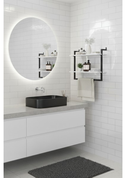 2 Raflı Beyaz Banyo Rafı | Beyaz Profil | Havluluk | 50X20 Ebatında Ahşap fiyatları