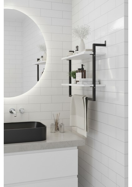 2 Raflı Beyaz Banyo Rafı | Beyaz Profil | Havluluk | 50X20 Ebatında Ahşap modelleri