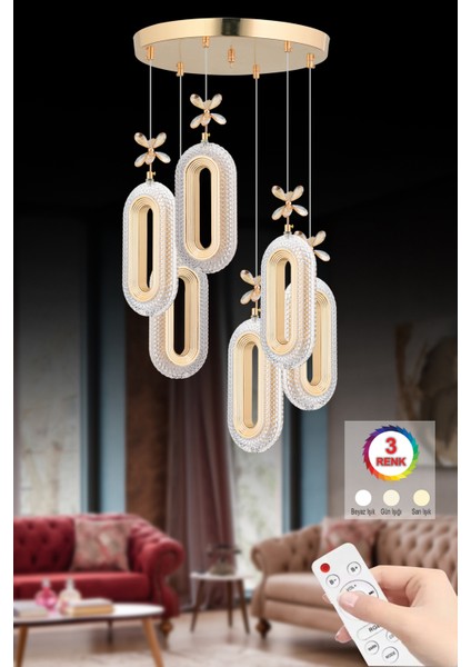 İstanbul Beta 6'lı Metal Gövdeli Kristal Taşlı Gold Renk Modern LED Uyumlu Salon ve Oturma Odası Avize fırsatları