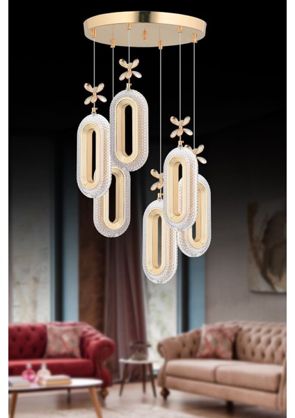 İstanbul Beta 6'lı Metal Gövdeli Kristal Taşlı Gold Renk Modern LED Uyumlu Salon ve Oturma Odası Avize modelleri