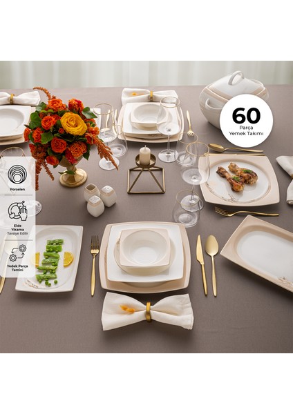 Zambak 60 Parça 12 Kişilik Kare Yemek Takımı Fine Bone fiyatları