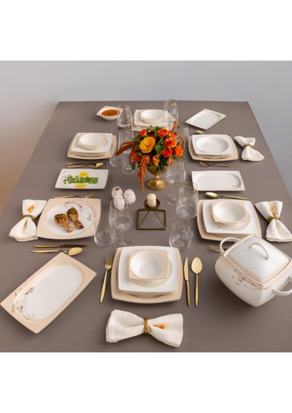 Zambak 60 Parça 12 Kişilik Kare Yemek Takımı Fine Bone modelleri