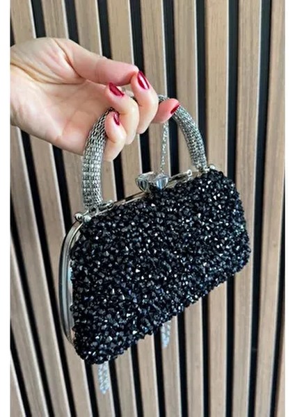 Kadın Gümüş Kristal Iri Taşlı Abiye Çantası Özel Gün Çantası