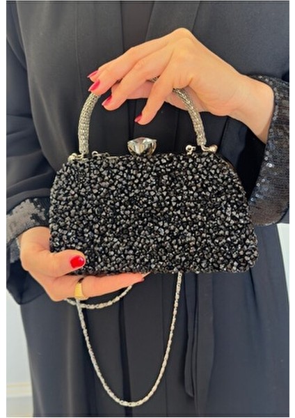 Kadın Gümüş Kristal Iri Taşlı Abiye Çantası Özel Gün Çantası