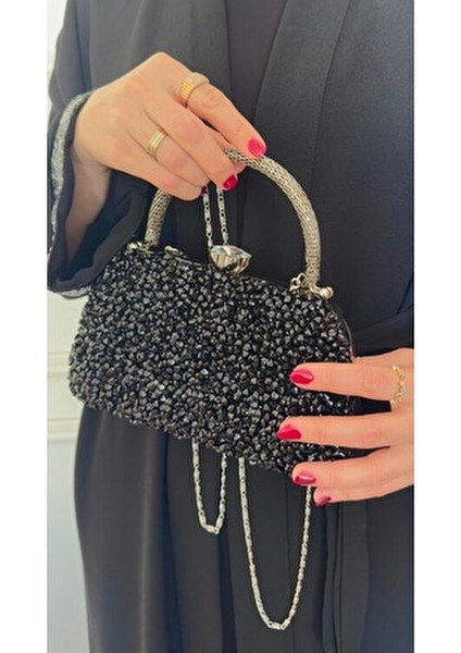 Kadın Gümüş Kristal Iri Taşlı Abiye Çantası Özel Gün Çantası