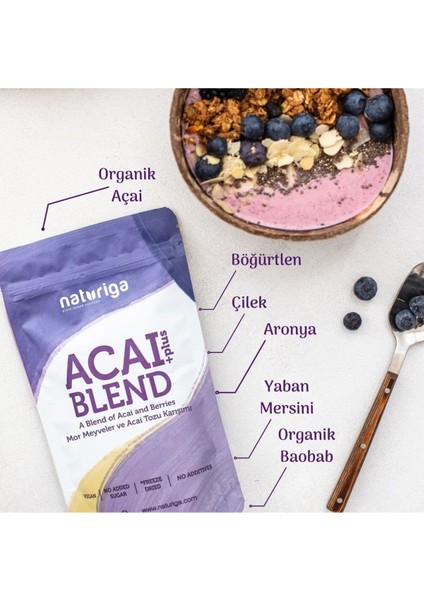 Acai Plus+ Mor Meyveler Toz Karışımı 75 g – Açai, Maqui Berry, Yaban Mersini, Böğürtlen, Ahududu, Baobab, Katkısız Şekersiz Vegan Süper Gıda fiyatları
