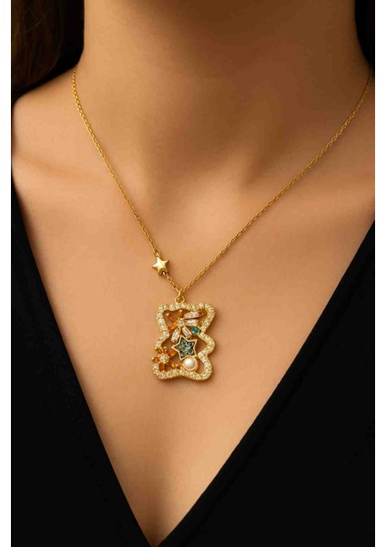 Altın Renk Çelik Taşlı ve Yıldız Detaylı Zarif Tasarım Kadın Çelik Kolye