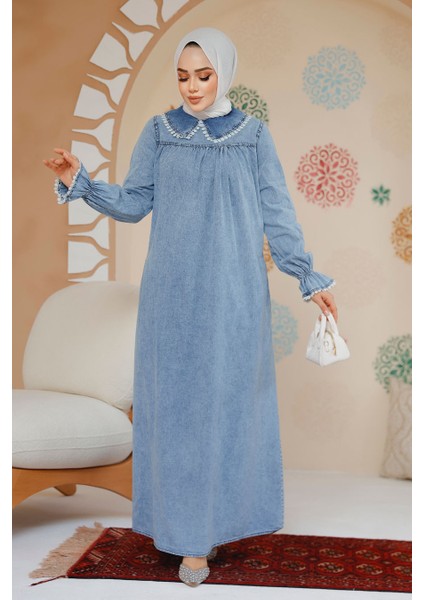 Bebe Yaka Kot Mavi Tesettür Elbise 19123M