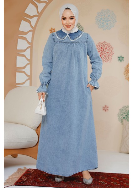 Bebe Yaka Kot Mavi Tesettür Elbise 19123M fiyatları
