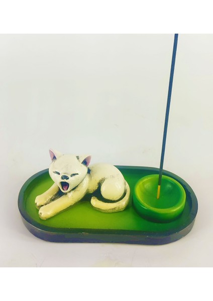 Uykucu Kedi Çubuk Tütsülük ve Tealight (Beyaz)