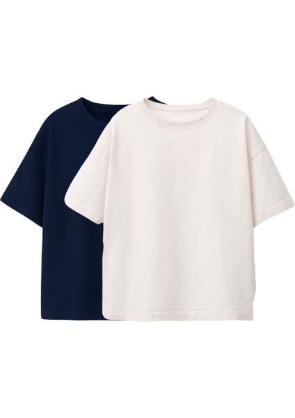 Basic 2'li Unisex Bisiklet Yaka T-Shirt ( Lacivert - Beyaz )