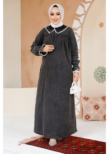 Bebe Yaka Kot Antrasit Tesettür Elbise 19123ANT