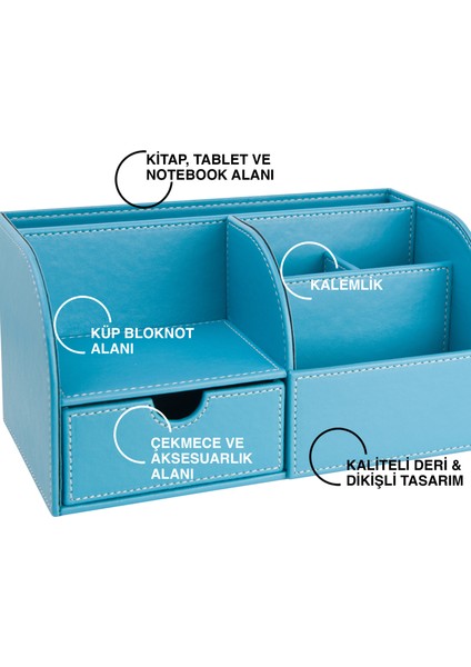 Masaüstü Düzenleyici,kalemlik,kumandalık,küpbloknotluk,tabletlik,kitaplık,6 Gözlü,çekmeceli,desktop Organizer,vegan,24,5*13*12,turkuaz fiyatları
