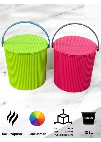 Rainbow 2’li Yeşil-Pembe Büyük Boy 13 Litre Yuvarlak Kova Piknik Sepeti Meyve Kovası