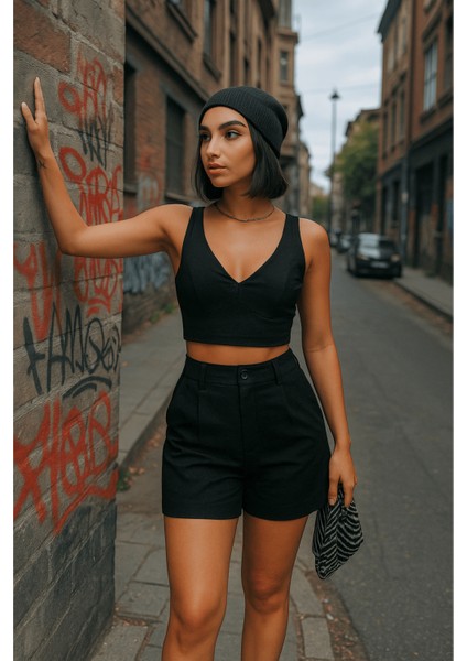 Ketlin Keten Şortlu Kadın Takım Siyah