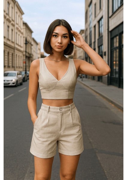 Ketlin Keten Şortlu Kadın Takım Bej