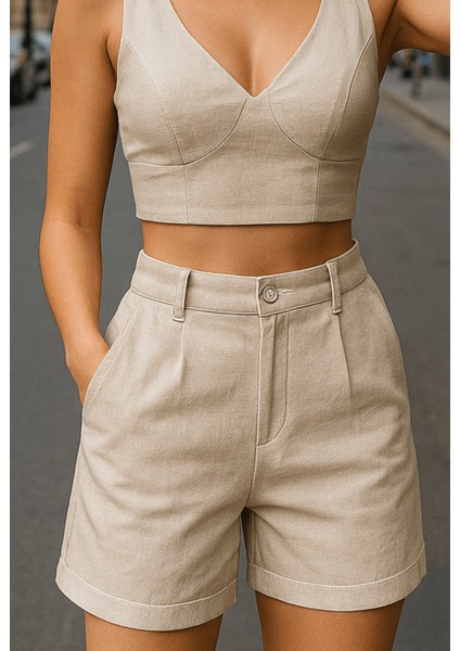 Ketlin Keten Şortlu Kadın Takım Bej fiyatları