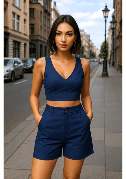 Ketlin Keten Şortlu Kadın Takım Laci