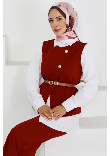 Düğme Detaylı Bordo Yelekli Tesettür İkili Takım -27612 modelleri